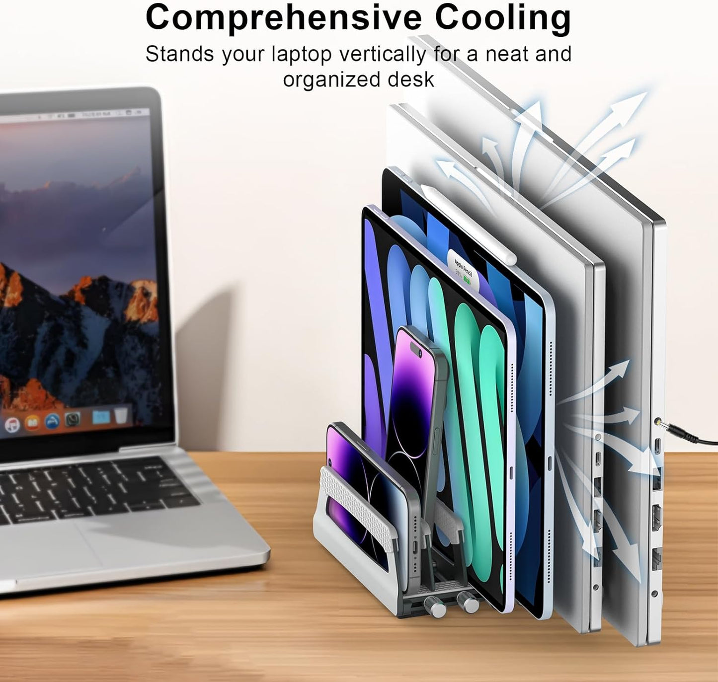 Elestoria 10-Slot Vertical Laptop Stand & Holder – Adjustable Aluminum Laptop Stand Vertical for Desk Fits 10 Devices, MacBook & Gaming Laptops (Up to 17.3”) – Space Saving Laptop Storage Rack - Grey