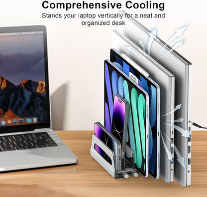 Elestoria 10-Slot Vertical Laptop Stand & Holder – Adjustable Aluminum Laptop Stand Vertical for Desk Fits 10 Devices, MacBook & Gaming Laptops (Up to 17.3”) – Space Saving Laptop Storage Rack - Grey