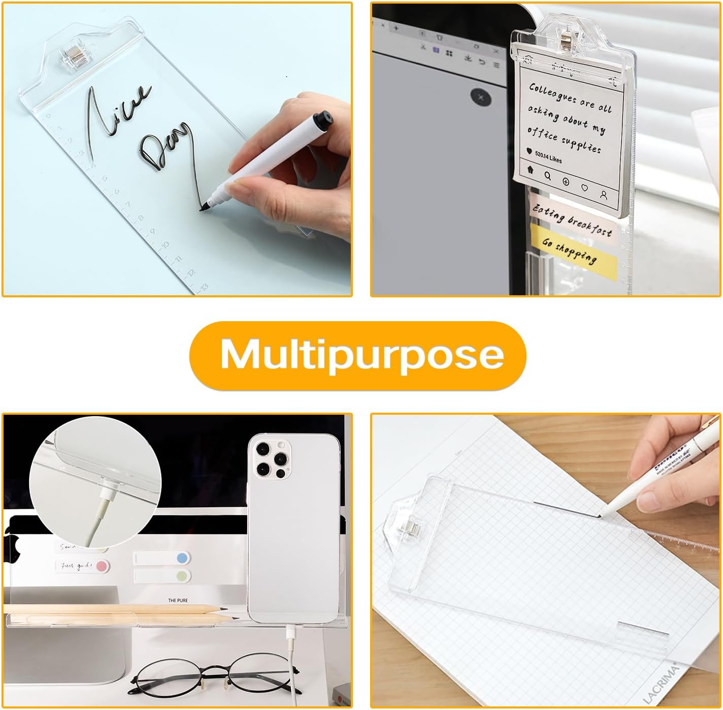 Monitor Memo Boards for Computer, Whole Transparent 2 Pack (Left & Right) Multifunction Acrylic Screen Message Reminder Pad Side Panel Phone Holder Organizer for Office Desktop, with Pen & Sticky Note