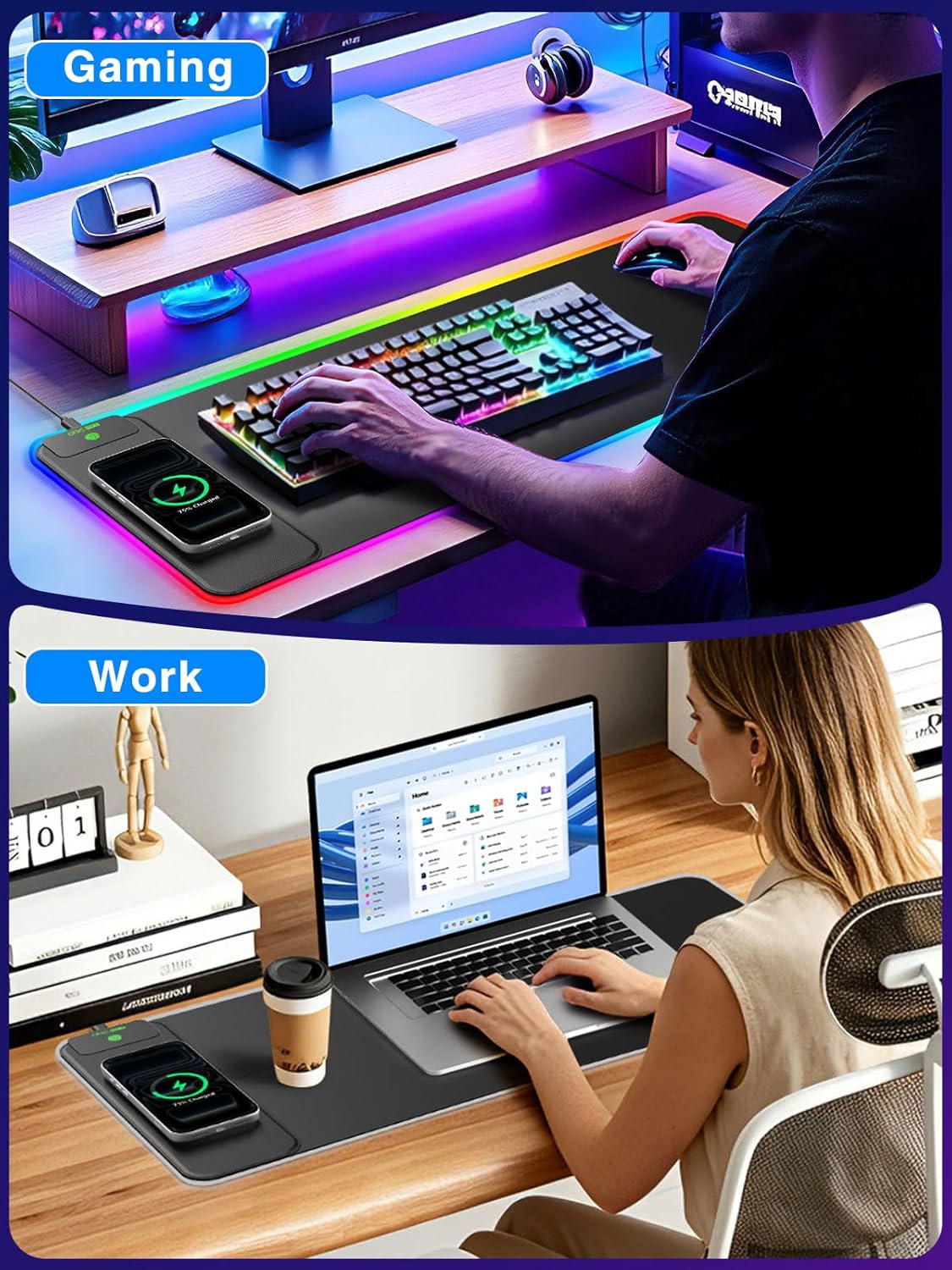 Wireless Charging Mouse Pad with Foldable Phone Holder, 31.5"x15.8" Large Desk Mat for Laptop/Keyboard, Waterproof Ultra-Smooth Surface, Non-Slip Base, Black