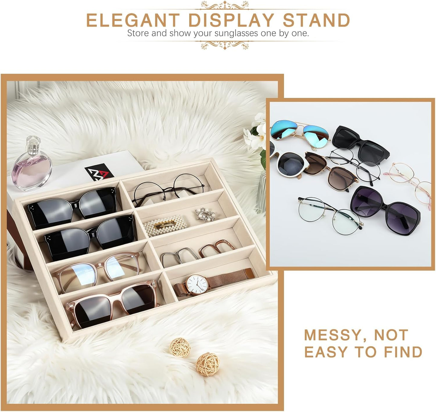 Emibele Glasses Organizer Jewelry Tray, 8 Grids with Clear Lid Velvet Tray Watch Storage Stackable Jewelry Showcase Display Storage with Detachable Inner Dividers, Beige