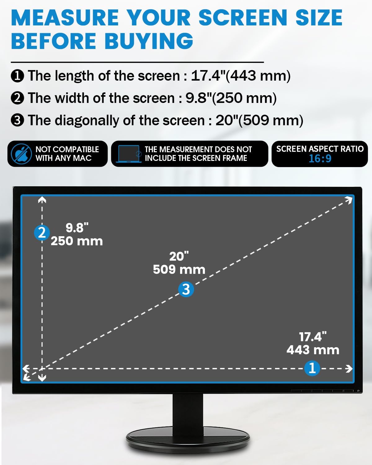 F FORITO 2-Pack 22 inch 16:10 Matte Anti Glare Computer Screen Cover, Anti Glare Eye Protection Film Compatible with All 22" Widescreen Monitors with 16:10 Aspect Ratio (18.7"W x 11.7"H) Not for 16:9