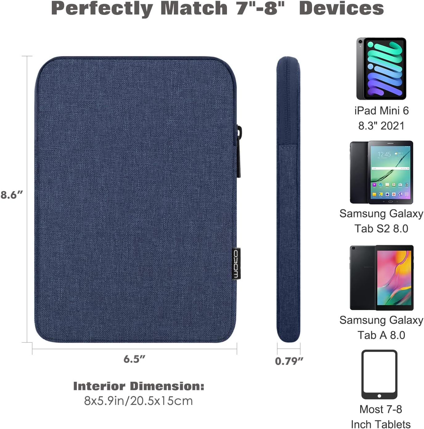 MoKo 7-8 Inch Tablet Sleeve Bag, Polyester Pouch Cover Case Fits iPad mini (A17 Pro) 8.3" 2024, iPad mini 6/5/4/3/2/1, Samsung Galaxy Tab S2 8.0, Tab A 8.0, ZenPad Z8s 7.9,Black