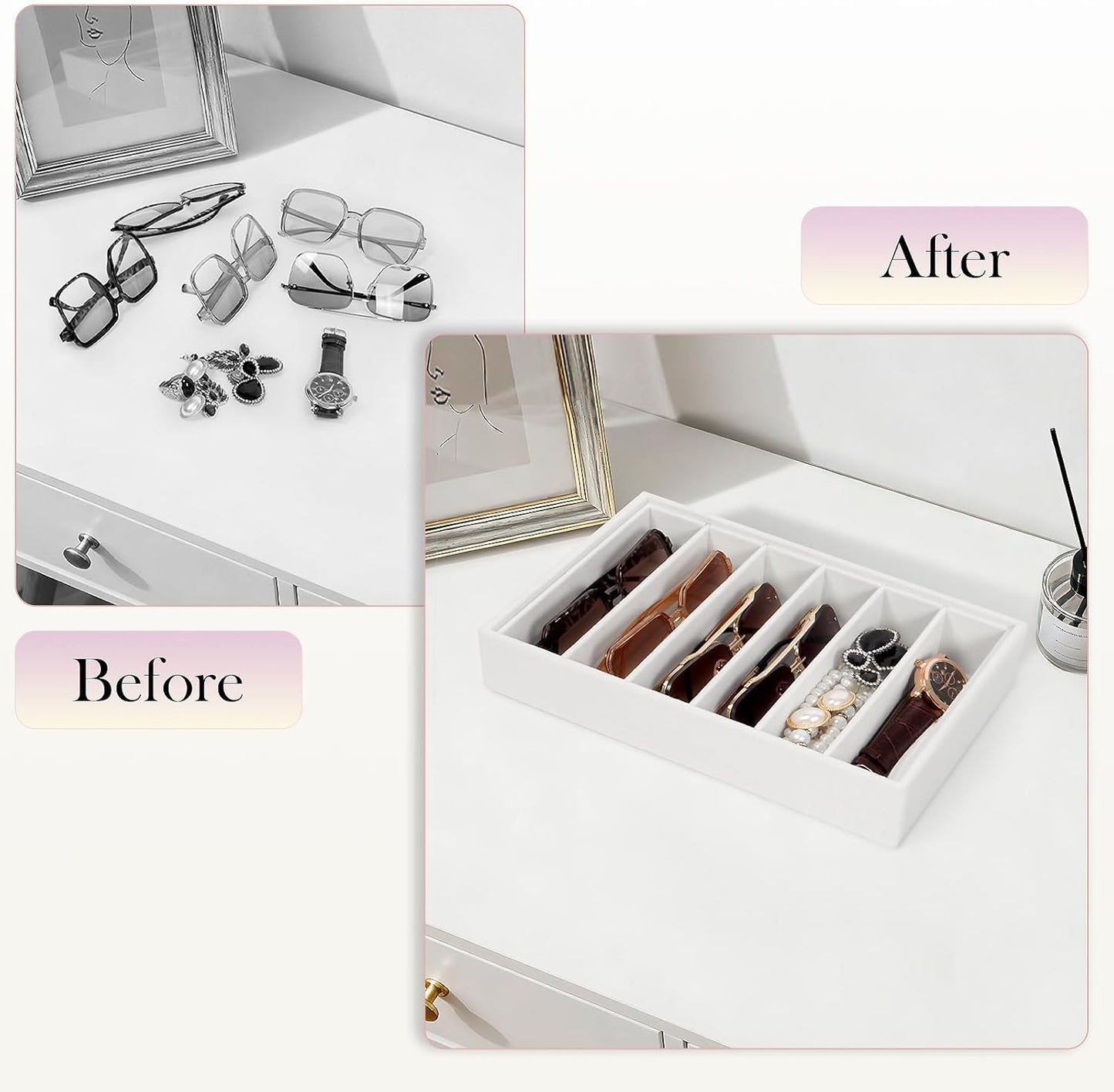 Velvet Sunglass Organizer Tray, Stackable Glasses Case for Drawer, Eyeglasses Watches Jewelry Display Holder Women Men