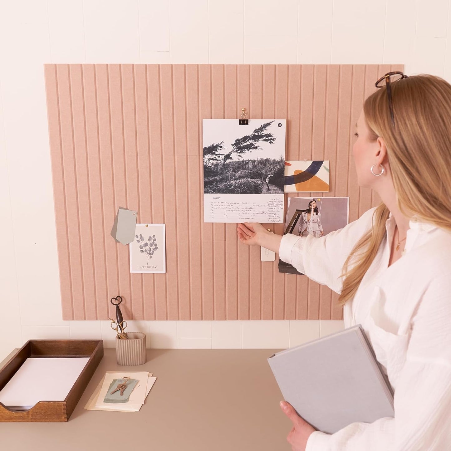 Large Felt Bulletin Board - Stylish Perfectly Sized 35" x 47" Cork Board Alternative for Office & Wall Decor – 12 Customizable Adhesive Tiles w/Golden Pins are Perfect to Display Your Photos