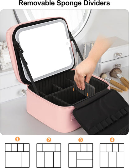 Relavel Travel Makeup Bag With LED Mirror, Cosmetic Train Case with Light up Mirror, Portable Makeup Artist Organizer Bag with Adjustable Dividers, Makeup Brush Holder Storage, Black