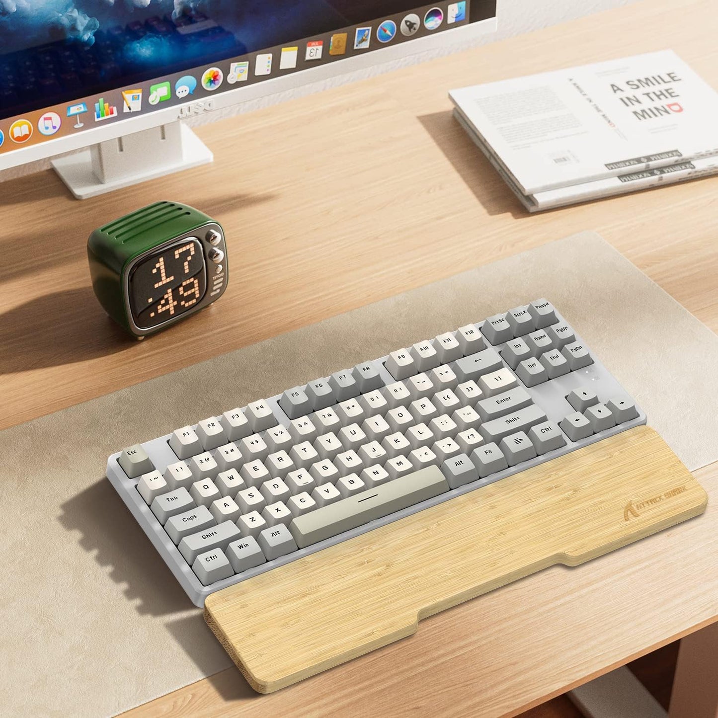 ATTACK SHARK Bamboo Wrist Rest for Computer Keyboard，Ergonomic Hard Palm Rest for Comfortable Typing Pain Relief，Anti-Slip Wrist Support for Office, Gaming, Laptop (98 Key)