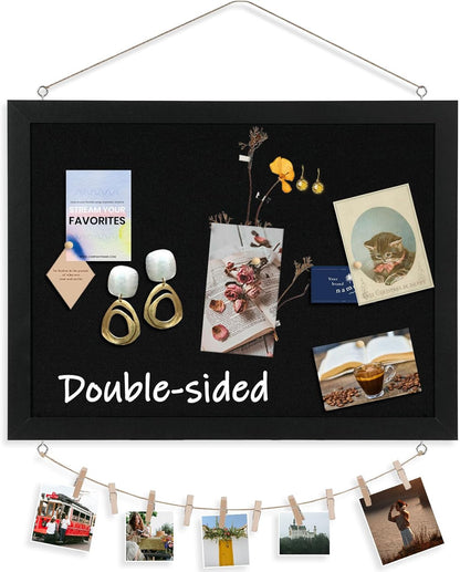 DOLLAR BOSS Bulletin Boards with Linen 1-Pack 16''X 12'' Double-Sided Cork Board for Walls Wood Framed Bulletin Boards, Small Pin Board for Home Kitchen Office Decorative Hanging 10 Pushpins