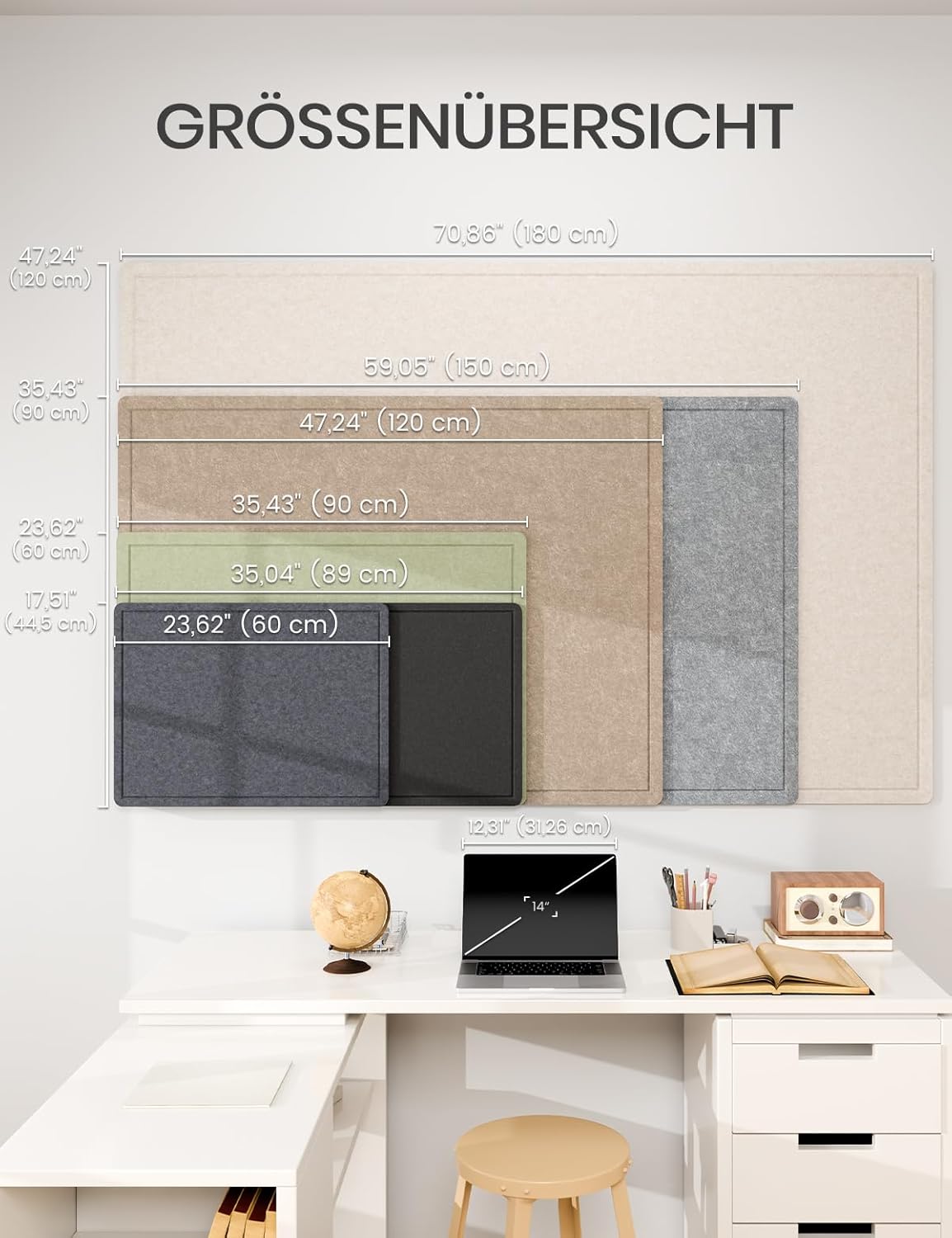 Fluxynara Bulletin Board, 23.6" x 17.5" Cork Board Alternative with 12 Safe Removable Adhesive Tabs, Foldable Felt Pin Board for Home Office, Classroom, Bedroom,Entryway for Walls—Sage