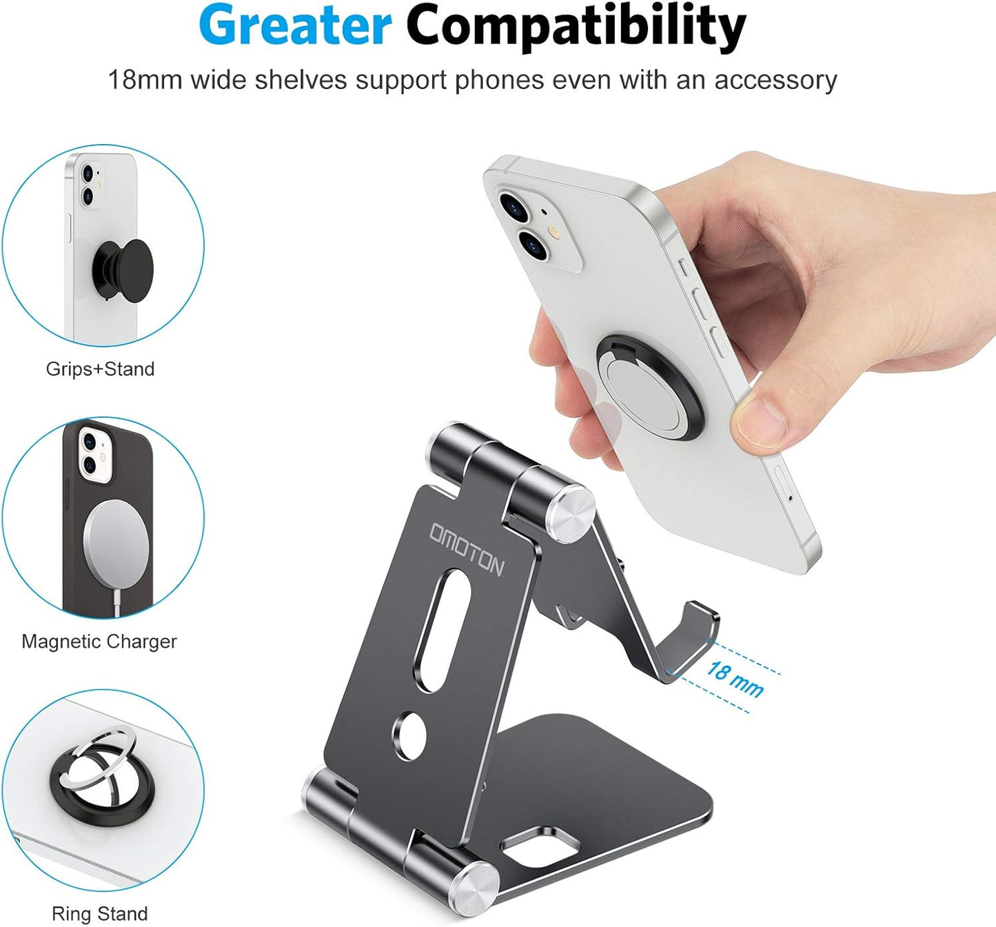 OMOTON Foldable Cell Phone Stand, C4 Portable Aluminum Phone Holder, Adjustable Phone Dock Cradle for iPhone 17/16/15 Pro Max Air, Small Tablets, Smart Phones, Women Men Gift for Fathers Day, Silver
