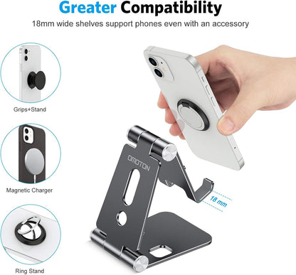 OMOTON Foldable Cell Phone Stand, C4 Portable Aluminum Phone Holder, Adjustable Phone Dock Cradle for iPhone 17/16/15 Pro Max Air, Small Tablets, Smart Phones, Women Men Gift for Fathers Day, Silver