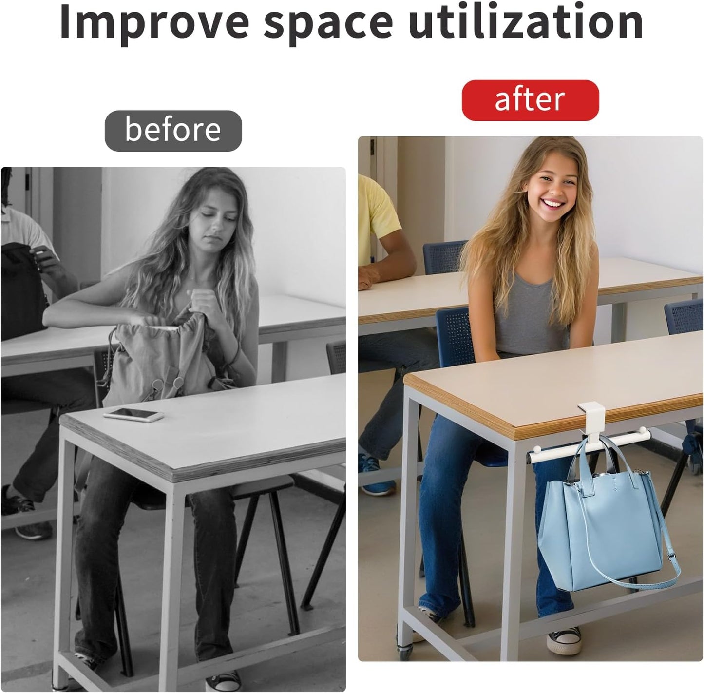 Plus tard Backpack Hanger for Table, Adjustable Clamp-On White Organizer for Office, Classroom, Dorm, Under Table Storage Stand Up Holder with Easy Installation