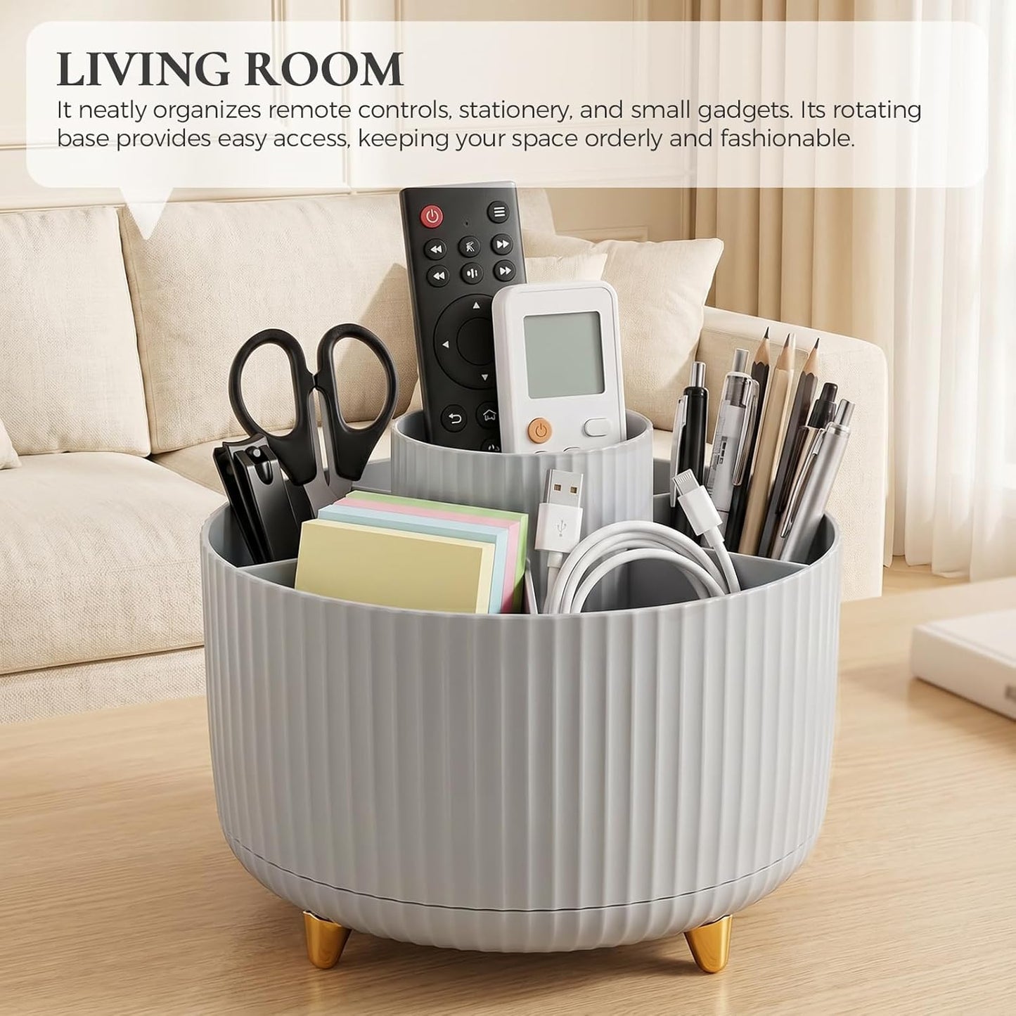 KONVINIT Pencil Pen Holder for Desk, 5 Slots 360 - Degree Rotating Desktop Organizer, Cute Desk Organizers and Accessories for School, Home, Office and Art Supply, Black