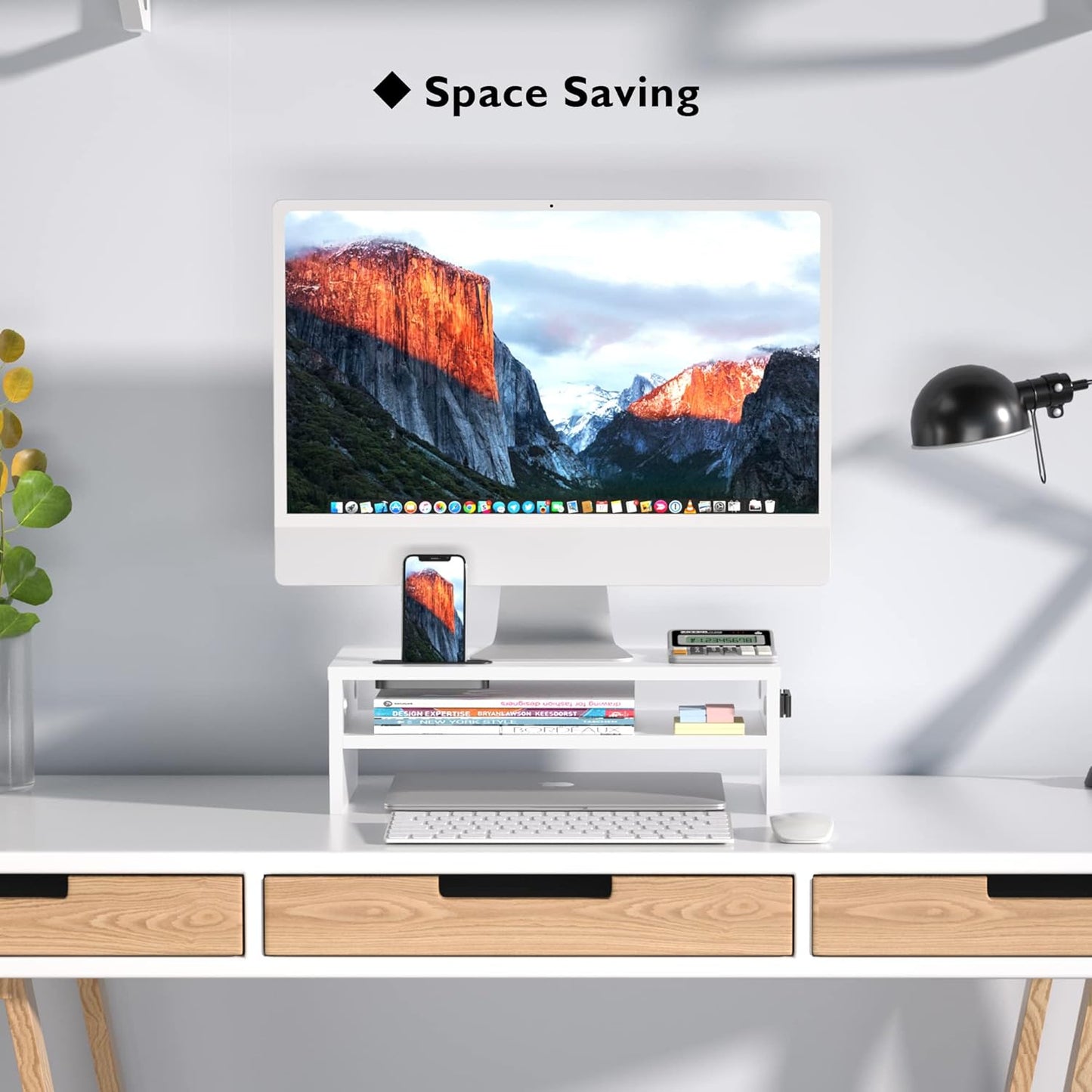 BONTEC Wooden Monitor Stand Riser for Desk, 2-Tier Computer Monitor Stand with Storage, 66 lbs Desk Shelf Organizer, Laptop & Printer Stand with Phone Holder and Cable Management, White, 16.5 Inch