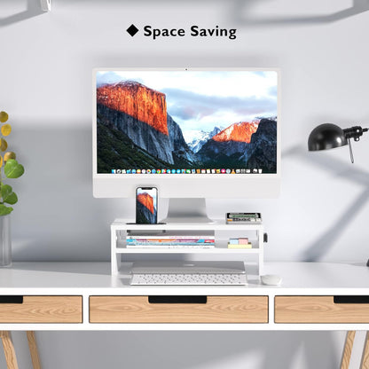 BONTEC Wooden Monitor Stand Riser for Desk, 2-Tier Computer Monitor Stand with Storage, 66 lbs Desk Shelf Organizer, Laptop & Printer Stand with Phone Holder and Cable Management, White, 16.5 Inch