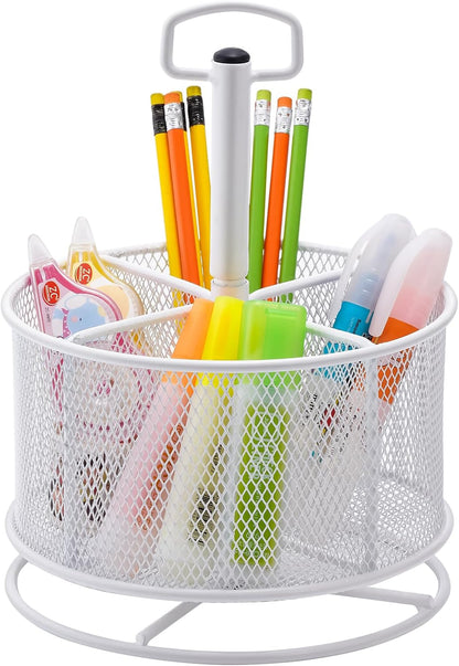 Marbrasse Mesh Desk Organizer, 360-Degree Rotating Multi-Functional Pen Holder, 4 Compartments Desktop Stationary Organizer, Home Office Art Supply Storage Box Caddy (Black)