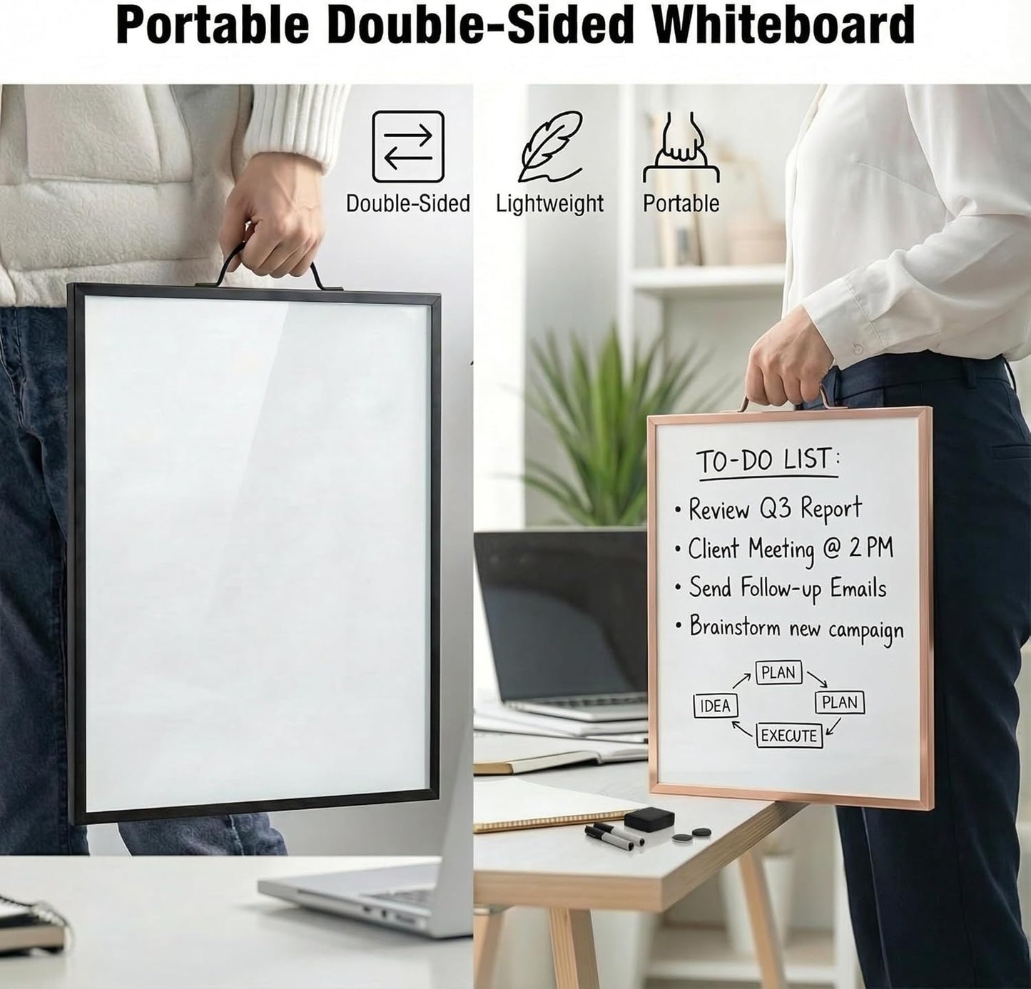 Magnetic Dry Erase Board 12x16 with Foldable Stand, Portable Gold Desktop Whiteboard for Home, Office, School & Kitchen, Includes Weekly & Monthly Magnetic Planner Sheets
