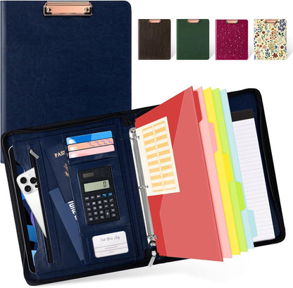 Ospelelf Zippered Padfolio Portfolio Folder, Leather Clipboard with Storage, 3 Ring Binder 1 Inch,12.1” Tablet Sleeve, 5 Dividers with Pocket, Refillable Notepad, Card Slot (Classic Black)