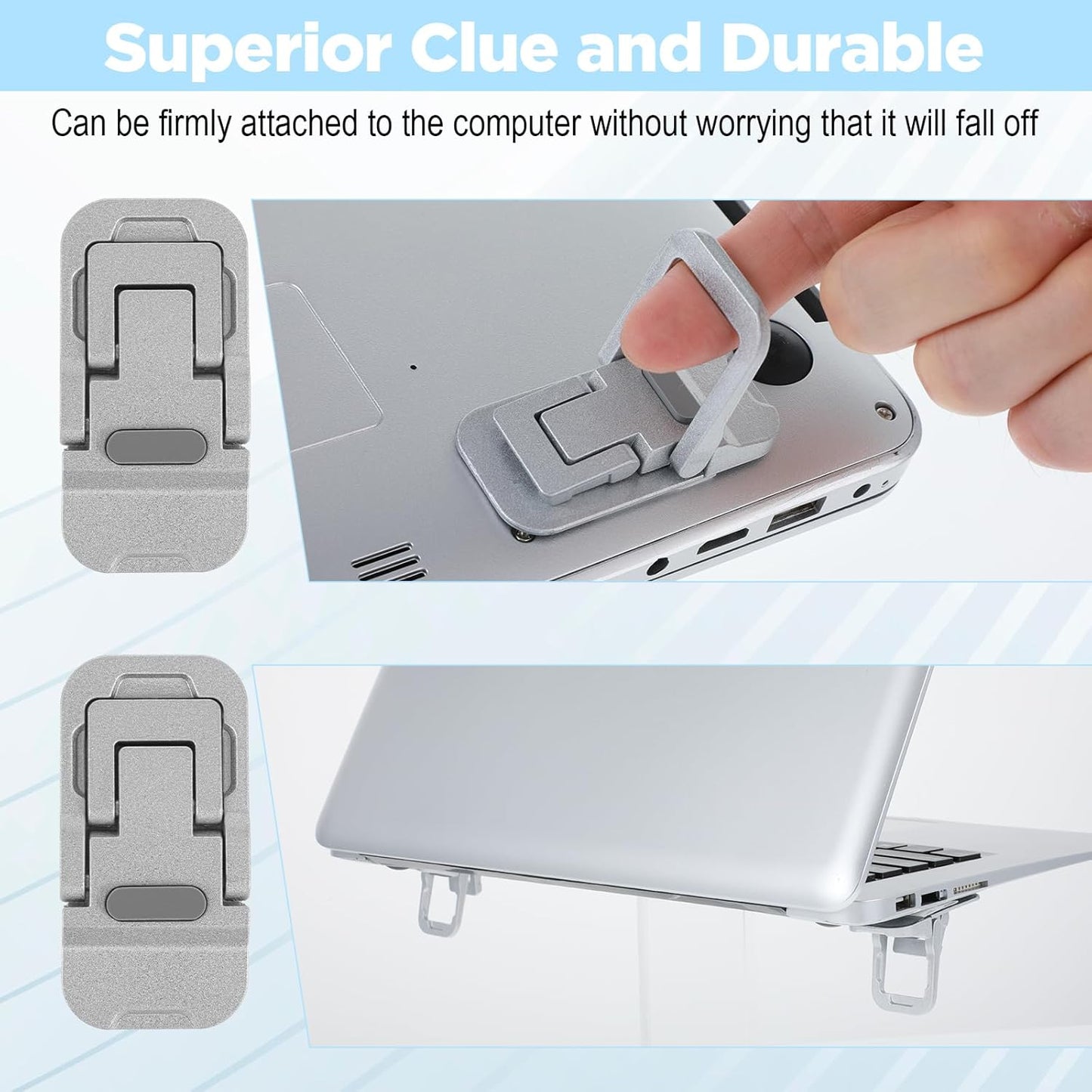 2PCS Zinc Alloy Foldable Laptop Stands, Mini Foldable Laptop Stand, Portable Computer Keyboard Riser, Self-Adhesive Invisible Notebook Stand with 2 Adjustable Angles, Keyboard Lift for Desk (Silver)