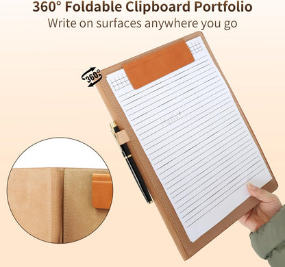 360° Foldable Clipboard Portfolio with Non-Marking Magnetic Clip & Elastic Pen Loop, A4/Letter Document Holder for Business, Office & Interviews