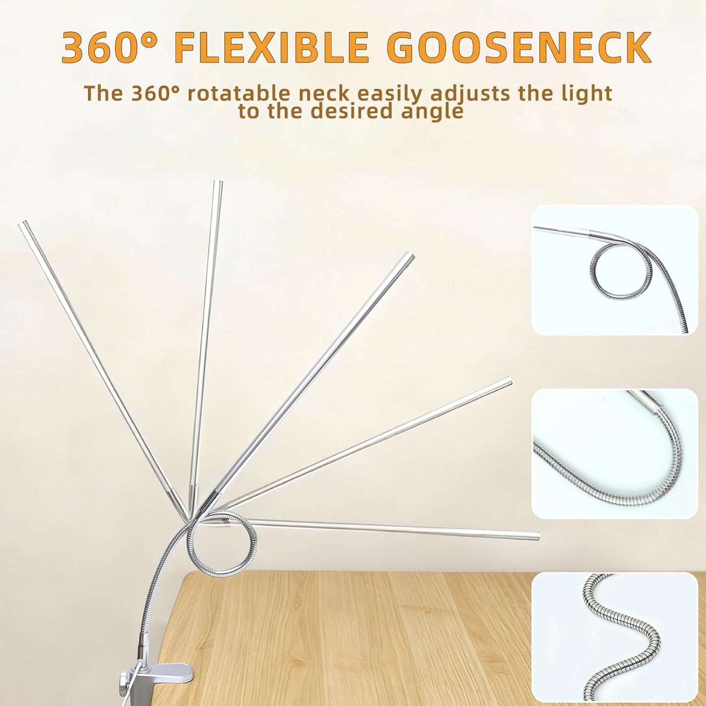 Space Aluminum LED Desk Lamp with Clamp, Clip on Light for Reading Study Desk Light 3 Modes 10 Brightness Flexible Gooseneck with USB Adapter Table Lamp for Home Office Computer Nail Work
