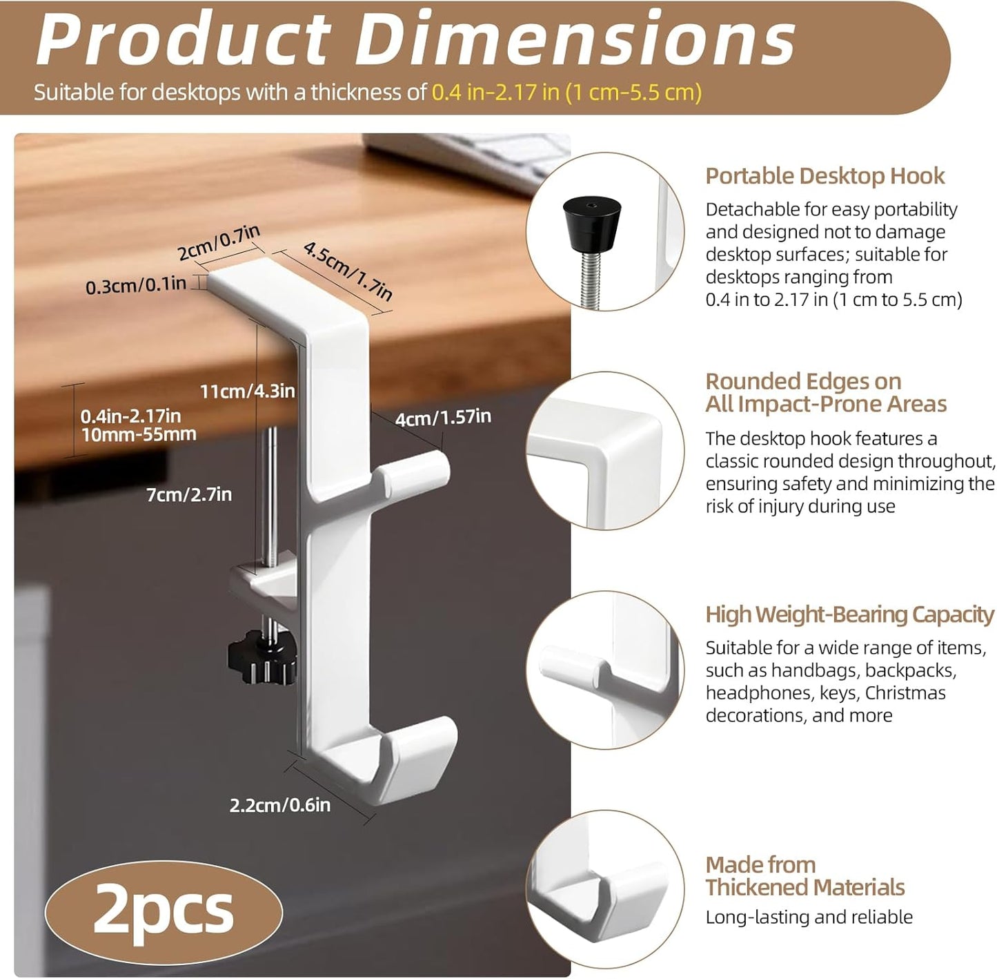 Desk Mount Bag Holder Hook Clamp,On Backpack Hanger Portable Desk Mount Headphones Holder for Reduce Desk Clutter Table Desk Table Hanging Storage (1 Pcs-Double Hook White)