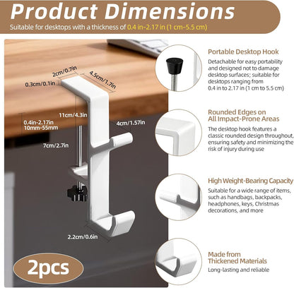 Desk Mount Bag Holder Hook Clamp,On Backpack Hanger Portable Desk Mount Headphones Holder for Reduce Desk Clutter Table Desk Table Hanging Storage (1 Pcs-Double Hook White)