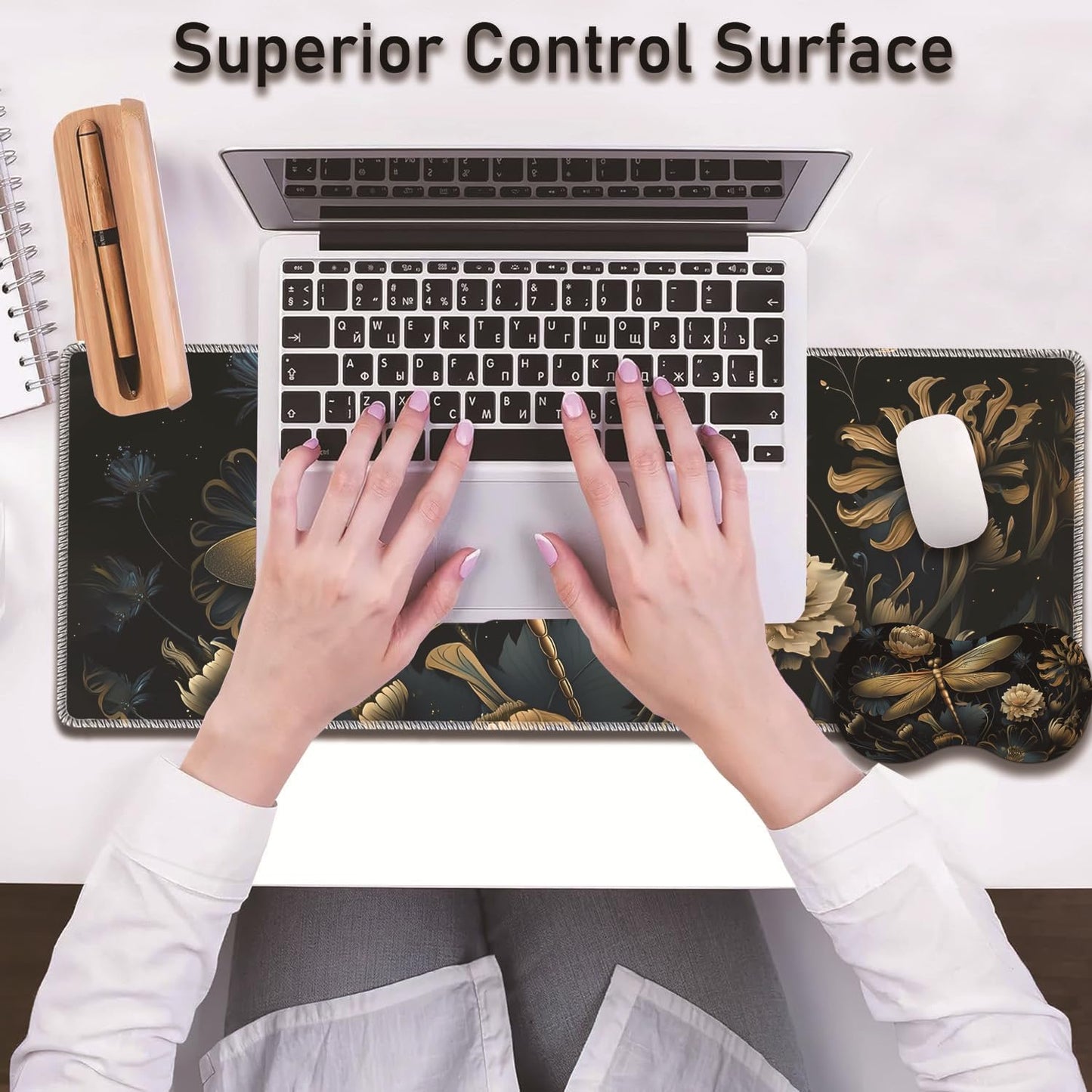 Mouse Wrist Rest and Keyboard Wrist Rest Pad Set, Non-Slip Rubber Base Smooth Surface Ergonomic Gaming Mouse Pad for Easy Typing and Pain Relief, Antique Blue Wood Grain Dog Paw + Coaster