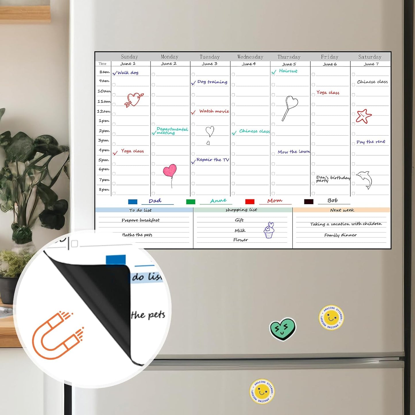 POPRUN Magnetic Fridge Calendar, 16.9"x11" Weekly Schedule Whiteboard, Dry Erase Board for Family Planning & Organization, Ideal for Home, School, Office