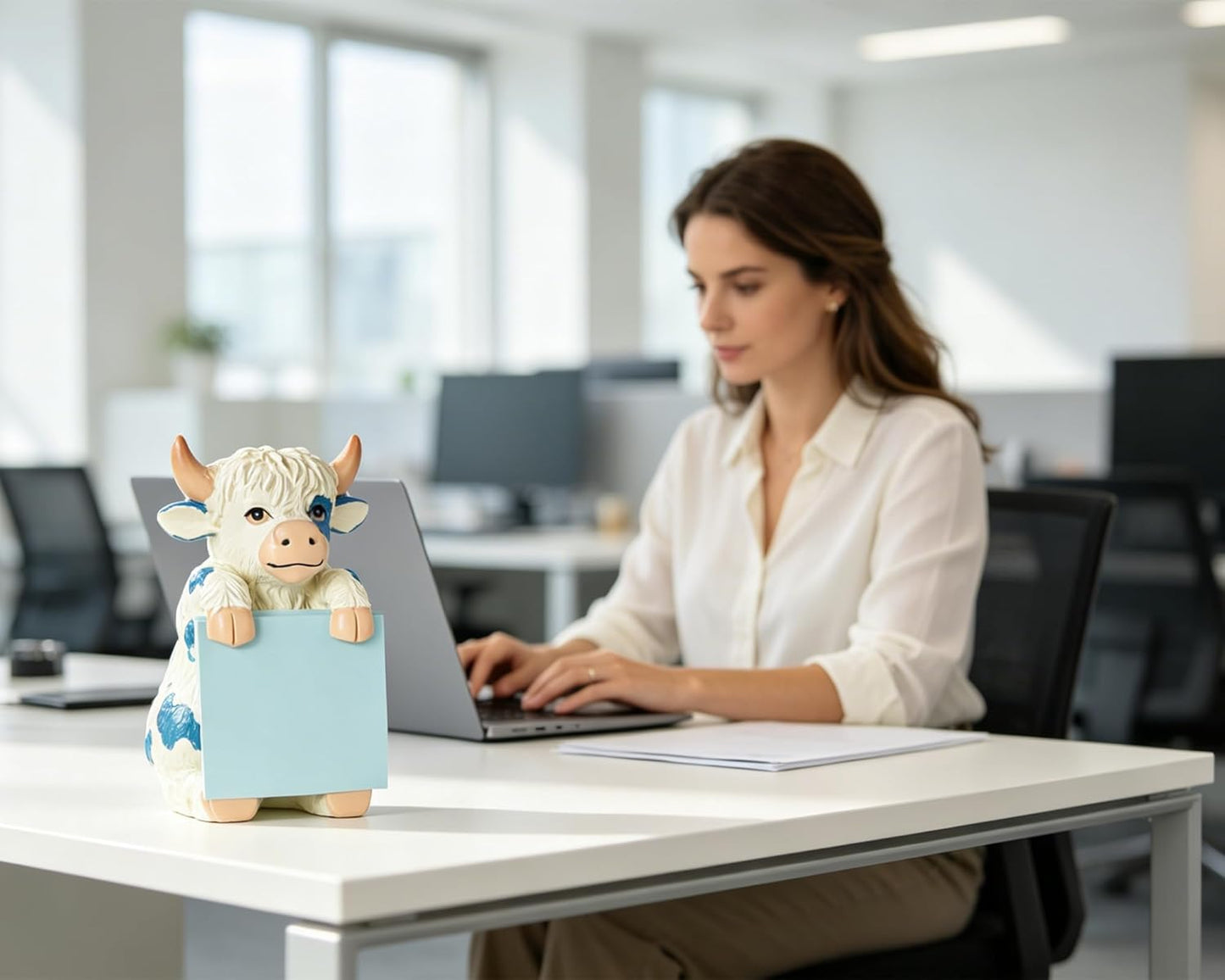 Highland Cow Pop-up Sticky Note Dispenser, Includes 1 Pad of 3x3 in Super Sticky Notes, 100 Sheets, Resin Cute Handmade Desk Holder for Office & Home-Beige