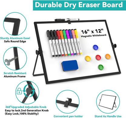 Dry Erase White Board, Cazeyoo Magnetic Desktop Whiteboard 16 x 12inch with Stand, 10 Markers, 4 Magnets and 1 Eraser, Portable Double-Sided White Board for Kids Drawing, Office, Home, School