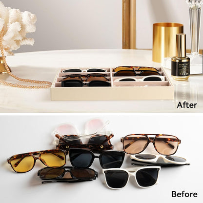Frebeauty Sunglass Organizer,PU Leather Glasses Organizer,8-Slot Sunglasses Tray,Men's/Women's Sunglasses Box,Sunglass Case,13.3 x 9.6 x 1.5 Inches,Eyeglass/Eyewear Display Tray(Grey)