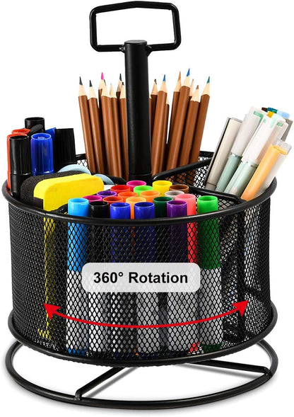 Marbrasse Mesh Desk Organizer, 360-Degree Rotating Multi-Functional Pen Holder, 4 Compartments Desktop Stationary Organizer, Home Office Art Supply Storage Box Caddy (Black)