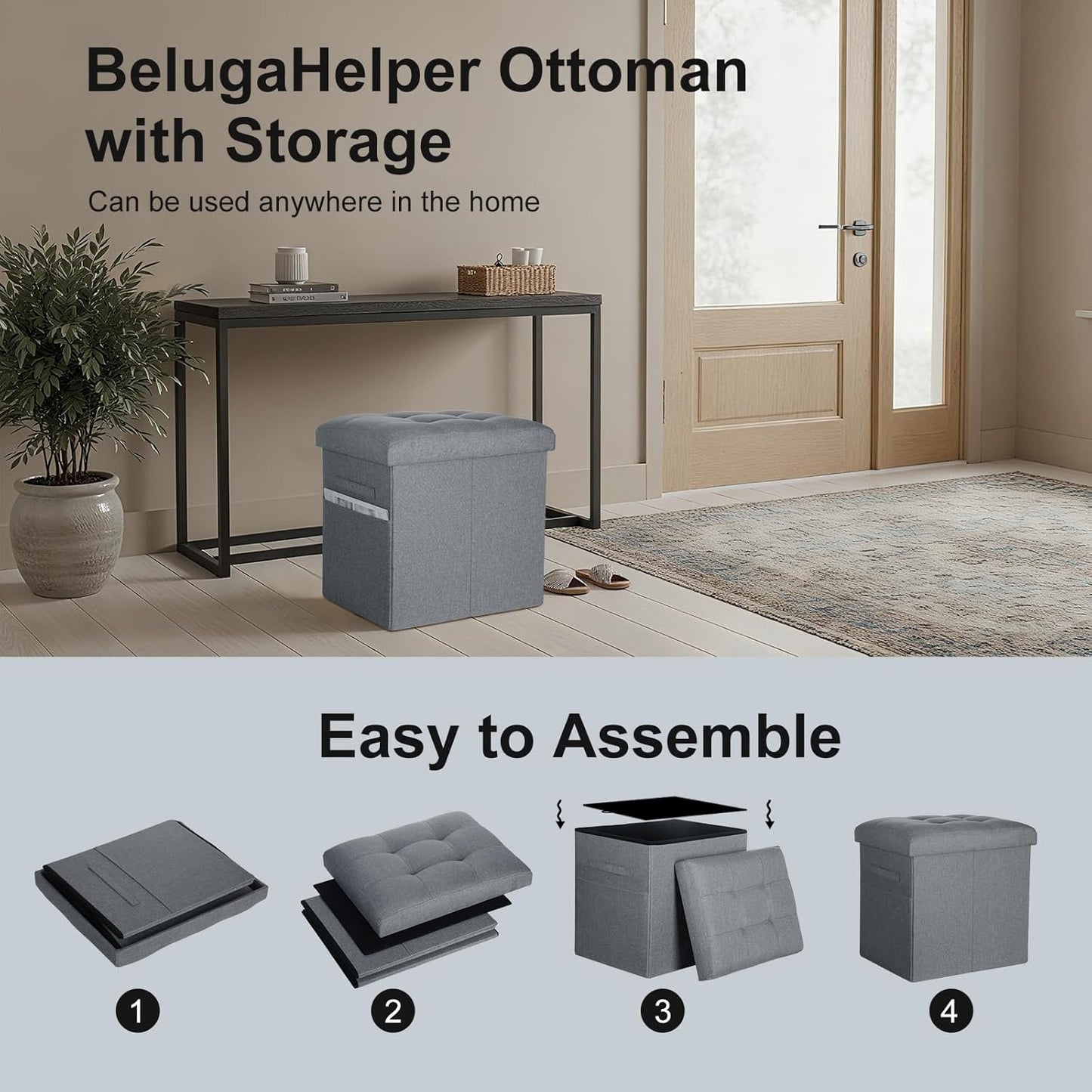 Storage Ottoman with Extra Thick Foam Padded Seat, Foldable Foot Rest Stool with Linen Fabric, 43L Ottoman with Storage Bench for Bedroom Living Room, Holds Up to 300lbs, 17x13x13in, Dark Gray