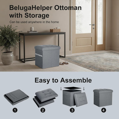 Storage Ottoman with Extra Thick Foam Padded Seat, Foldable Foot Rest Stool with Linen Fabric, 43L Ottoman with Storage Bench for Bedroom Living Room, Holds Up to 300lbs, 17x13x13in, Dark Gray