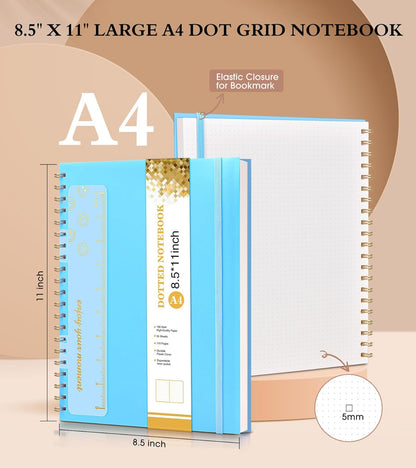 Dotted Notebook, Spiral Notebook Journal 8.5” x 11”, A4 Large Dot Grid Notebooks for Women Men, 100 GSM Dotted Paper, Plastic Hardcover Spiral Bullet Journals for Work School Sketching, Green