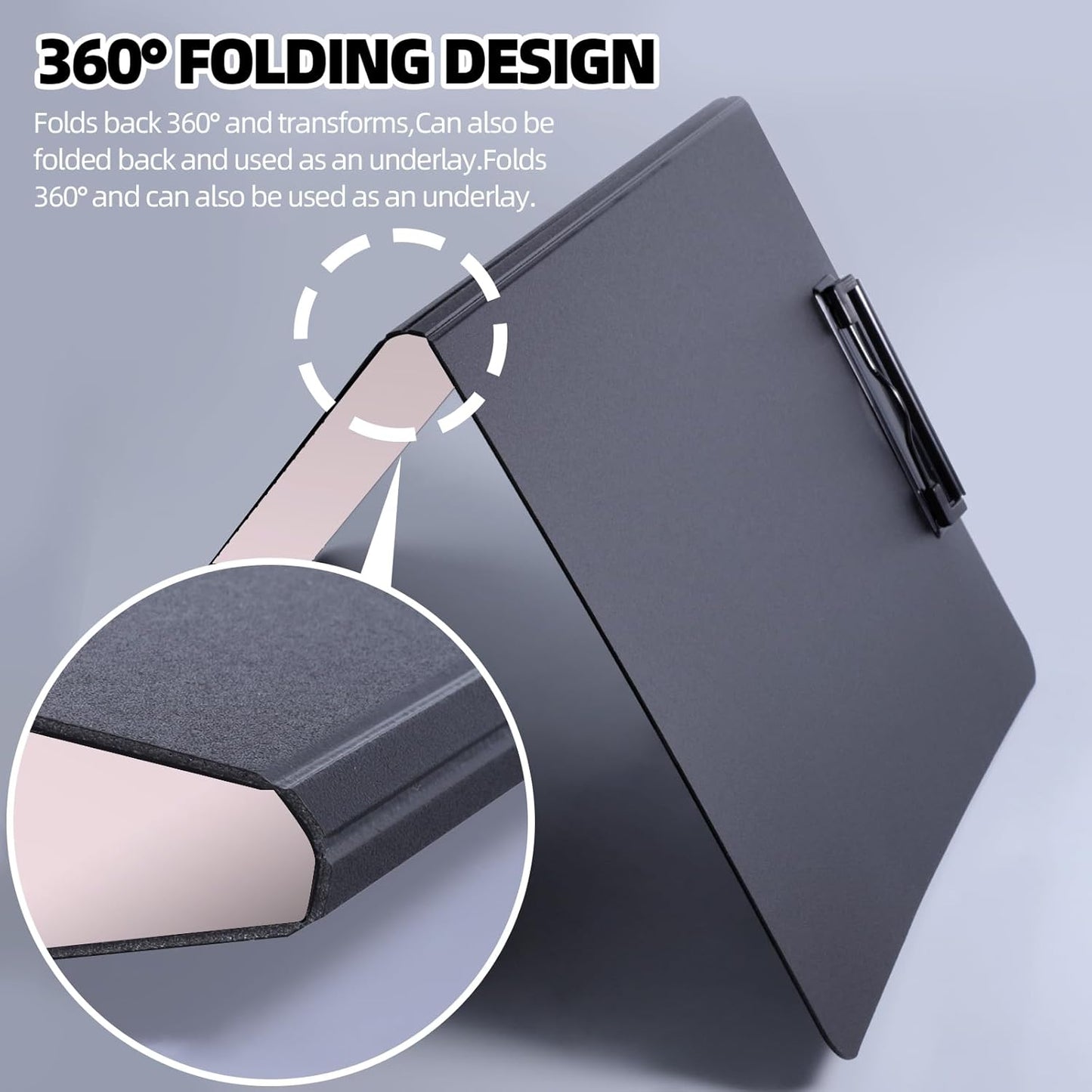 FRETONBA Clipboard Folder, A4 Foldable Clipboard with Horizontal and Vertical Double Metal Clips, 360 Degree Foldable Binder Clipboards with Pen Holder, File Cover Work Folder Clipboards, Blue