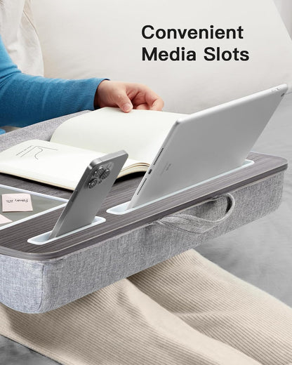 HUANUO Lap Desk - Fits up to 17 inches Laptop Desk, Built in Mouse Pad & Wrist Pad for Notebook, Laptop, Tablet, Lap Stand with Tablet, Pen & Phone Holder, Wood Grain