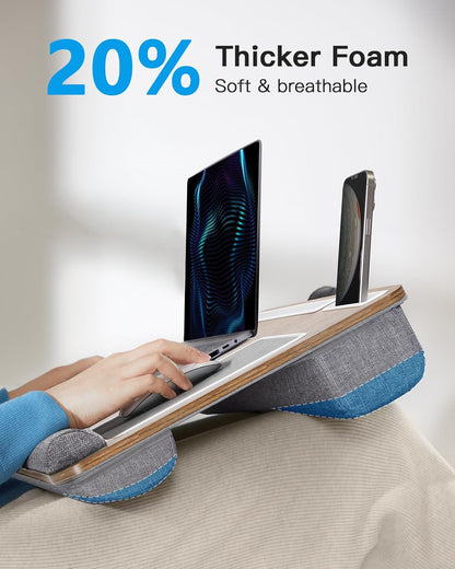 HUANUO Lap Desk - Fits up to 17 inches Laptop Desk, Built in Mouse Pad & Wrist Pad for Notebook, Laptop, Tablet, Lap Stand with Tablet, Pen & Phone Holder, Wood Grain