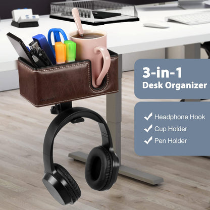 Desk Cup Holder Clip on Pen Holder Headphone Hanger Headset Stand Rotatable Clamp Hook Under Desk (Black)