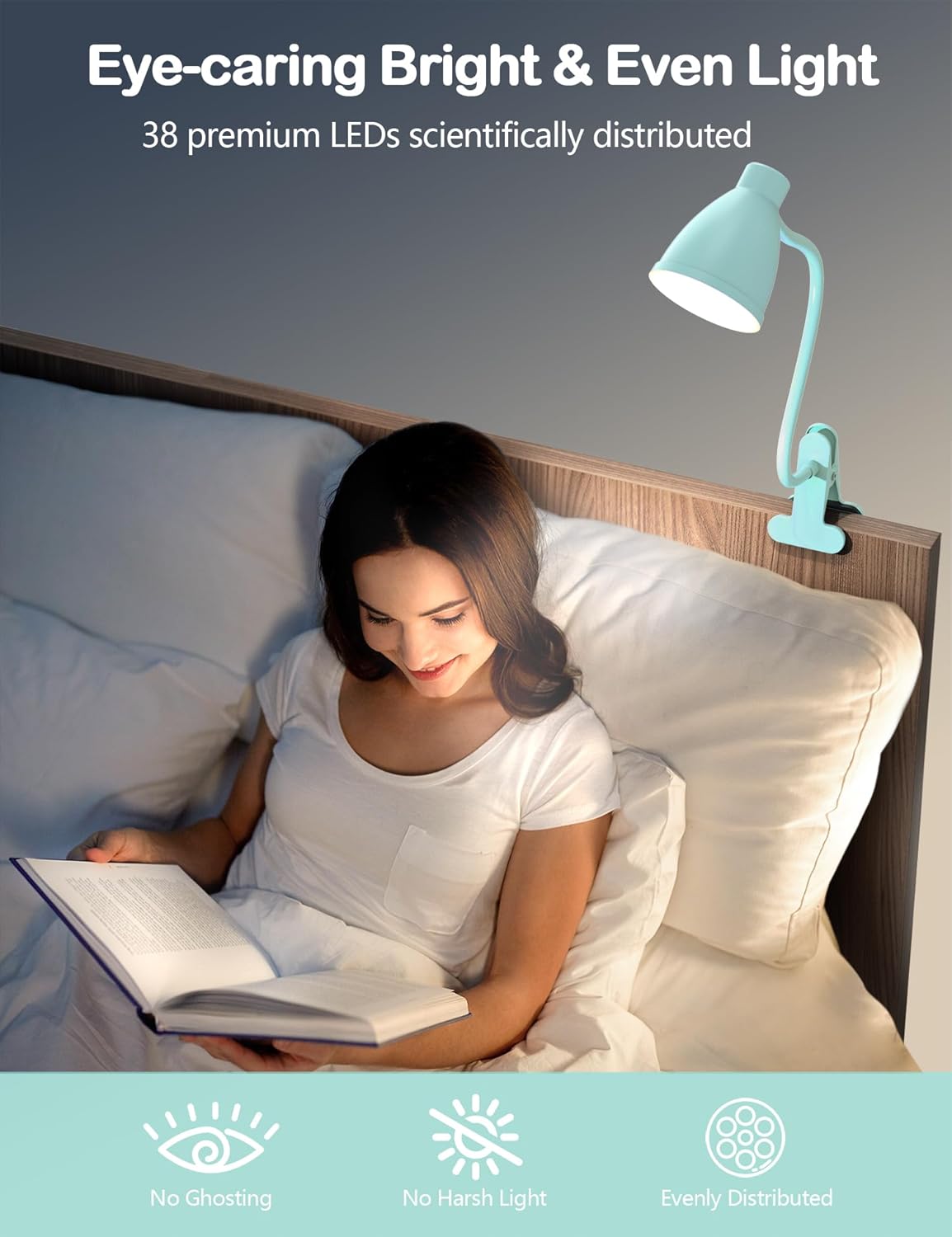 BOHON Clip on Light, 10W 38 LED Desk Lamp with Clamp, 5 Color 10 Brightness Auto Off Timer, Flexible Neck Clip Lamp, Desk Lights for Office Home Bed Bedside Reading, Bright Yellow