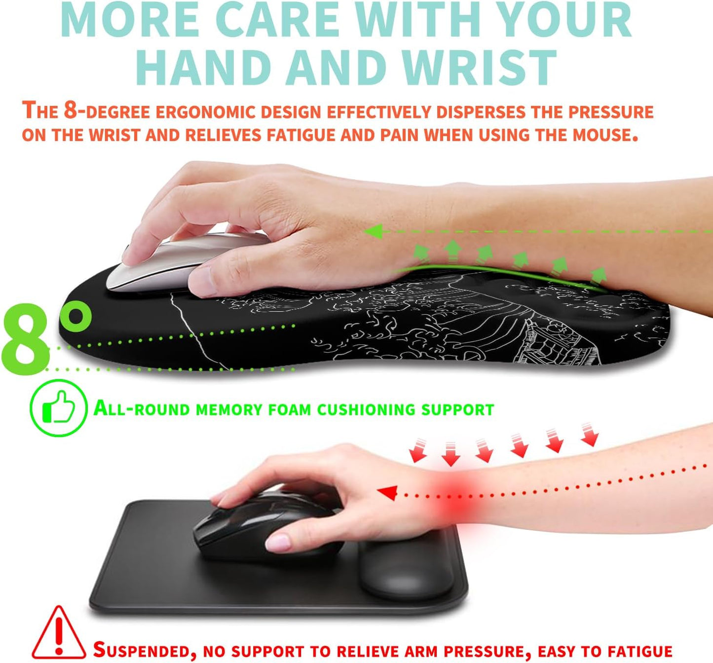 Ergonomic Mouse Pad Wrist Support with Memory Foam Massage Bulge, Carpal Tunnel Pain Relief Mousepad Wrist Rest for Mouse(12x8 inch, Silver Gray Light Purple)