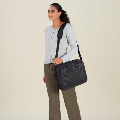 Amazon Basics Laptop Tablet Carrying Case with Shoulder Strap and Grab Handles, 14-inch, Black, Compartments for Storage