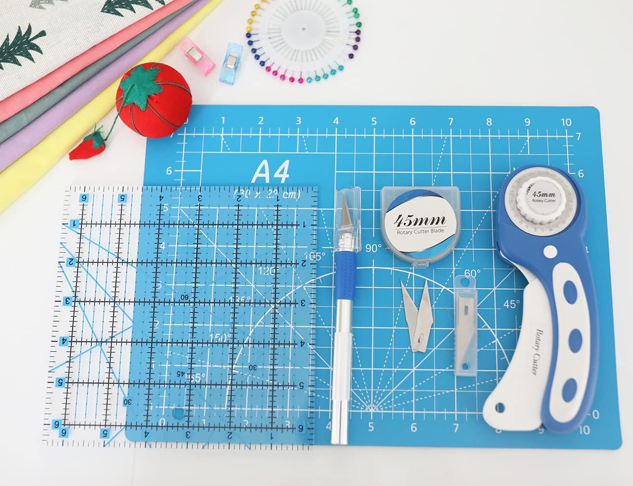 Headley Tools Rotary Cutter Set - 45mm Fabric Cutter, 5 Extra Rotary Blades, A3 Cutting Mat, Quilting Ruler and Sewing Clips, Craft Knife Set, Ideal for Crafting, Sewing, Patchworking, Purple