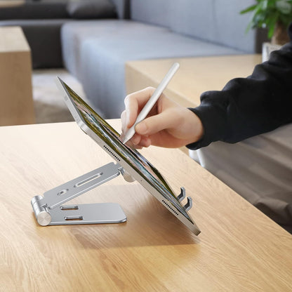 OMOTON Foldable Cell Phone Stand, C4 Portable Aluminum Phone Holder, Adjustable Phone Dock Cradle for iPhone 17/16/15 Pro Max Air, Small Tablets, Smart Phones, Women Men Gift for Fathers Day, Silver