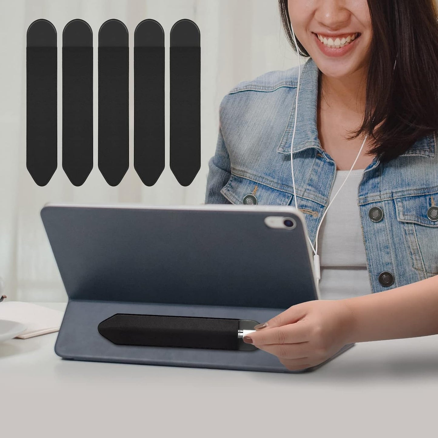 Apple Pencil Holder, 5 Pack Durable Elastic Apple Pencil (1st and 2nd Gen) Case Pocket, Adhesive Sleeve Pouch for iPad 8.3/9.7/10.2/10.5/11/12.9 Inch (Black Black)