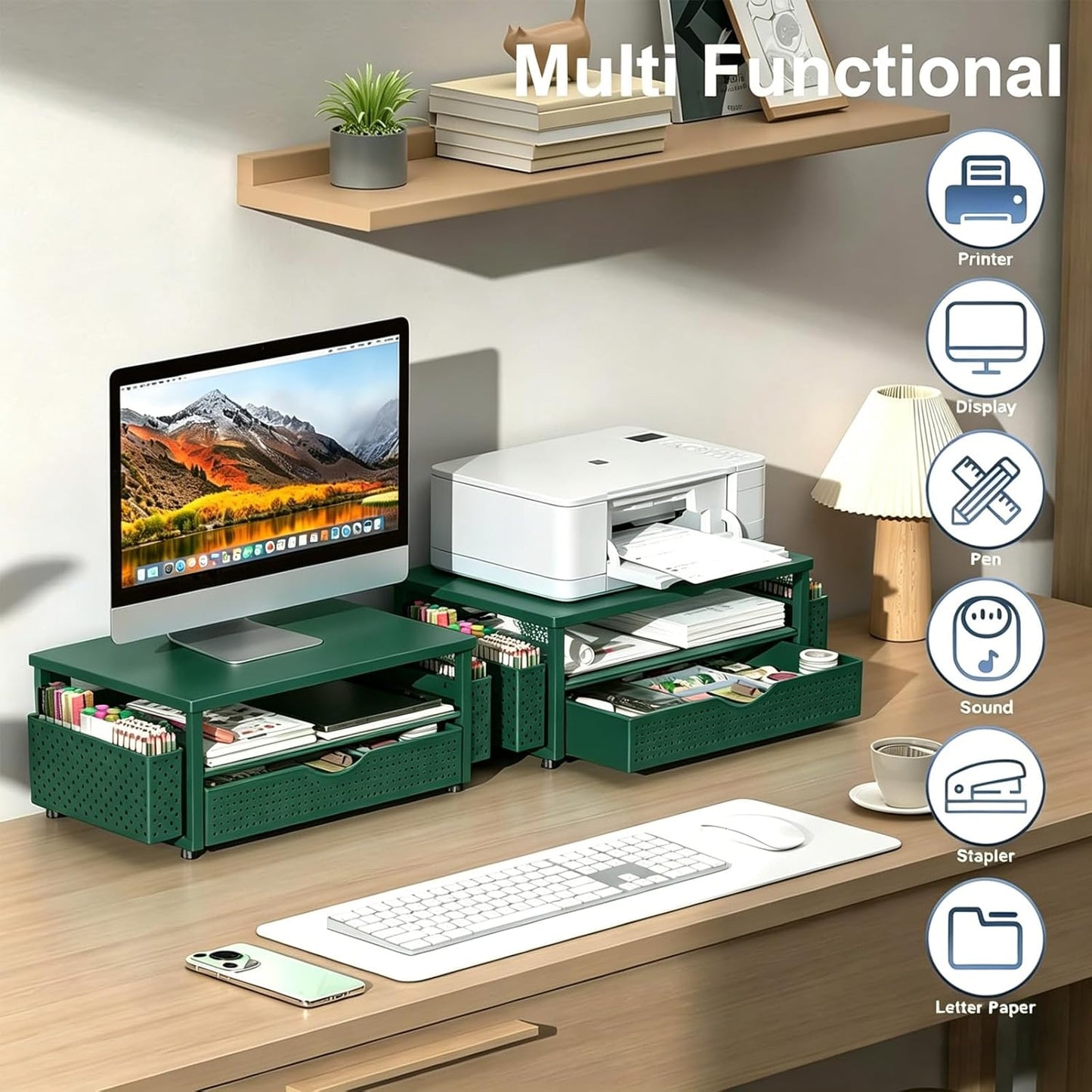 Spacrea Desk Organizer and Accessories, Computer Monitor Stand Riser with Drawer and 2 Pen Holders, Office Desk Accessories & Workspace Organizers for Office Supplies (Wood)