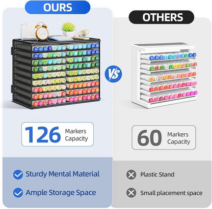 Marbrasse Mesh Marker Organizer, Metal Desktop Storage Rack for 126 Markers, Pens, Pencils, 9 Tier Marker Holder for Office Classroom & Home Art Supplies(Black)