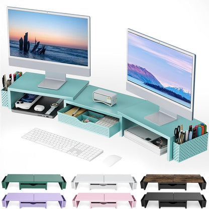 gianotter Dual Monitor Stand Riser, Desk Organizer With Drawer and 2 Pen Holders,Computer Monitor Stand, Desk Shelf for Top of Desk, Wood
