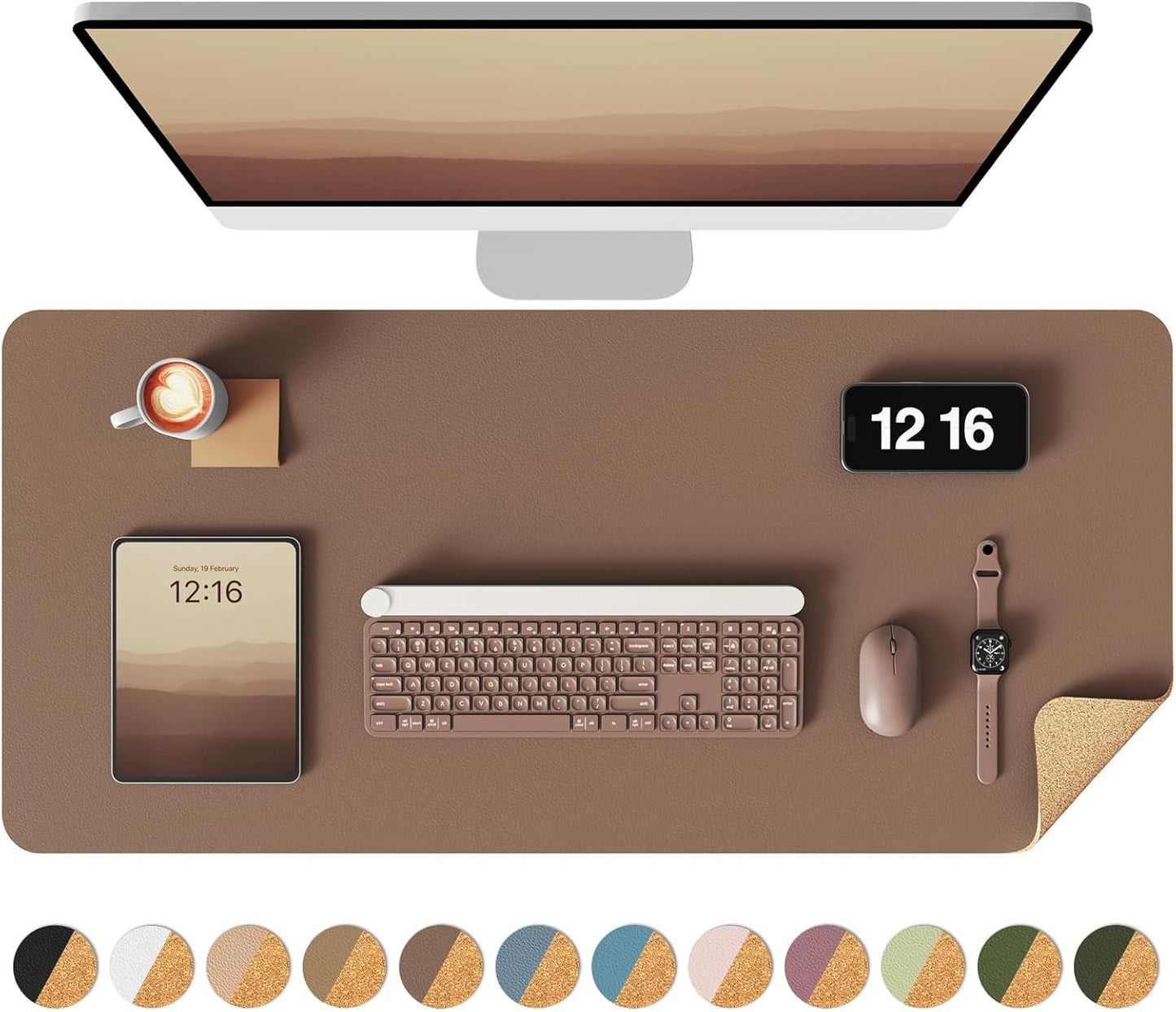 YSAGi Double-Sided Desk Pad, 31.5"x15.7"Leather Desk Mat, Eco Cork Desk Pad Protector,Large Mouse Pad,Waterproof Desk Blotter for Office/Home(Coffee)
